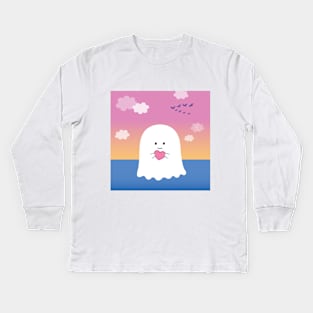 Gordie the Ghost (sunset) | by queenie's cards Kids Long Sleeve T-Shirt